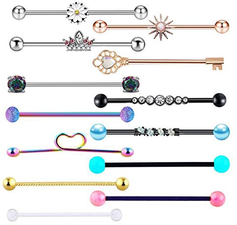 Paowsietiviity 13 x 14G Industrial Barbell Ohrringe Herz Blume Strass Piercing Schmuck, 1.6x38x5mm, Kunststoff