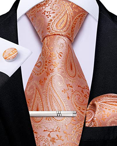 DiBanGu Herren Orange Paisley Krawatte formelle Seiden-Krawatte & Einstecktuch Manschettenknöpfe Krawattenklammer Hochzeitsfeier Abschlussball Set