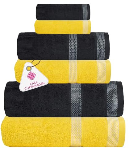 Casa Copenhagen Solitaire Mix Ensemble 6 Serviettes - Jaune Beurre + Gris pin 600 g/m² 2 Serviettes Bain, 2 essuie-Mains, 2 Gants Toilette en Coton égyptien Doux pour Salle Bain, Cuisine et Douche