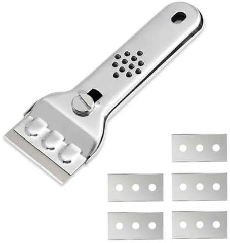 AFCJLTO Grattoir Plaque Vitrocéramique,Grattoir en acier inoxydable avec 5 lames de rechange pour plaque vitrocéramique, induction, fenêtres, carreaux, vitres et miroirs