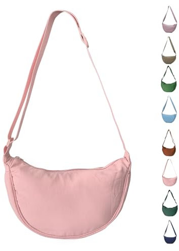 LOCCY Damen Halbmond Crossbody Schultertasche, Hobo Halfmoon Bag Einfarbige Nylon Crossbody Bag Damen Halbmond Schultertasche mit verstellbarer Schultergurt für Damen Reisen(Hellrosa)