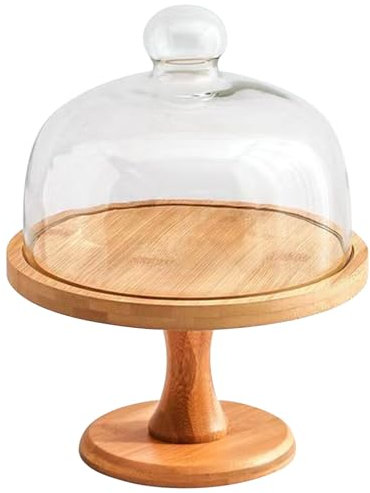 Cake Stand 8 Inch Wooden Cake Stand with Clear Glass Lid Detachable Cake Dome Multi-Functional Cake Holder for Party Cake Dessert Cheese Fruit Display and Storage