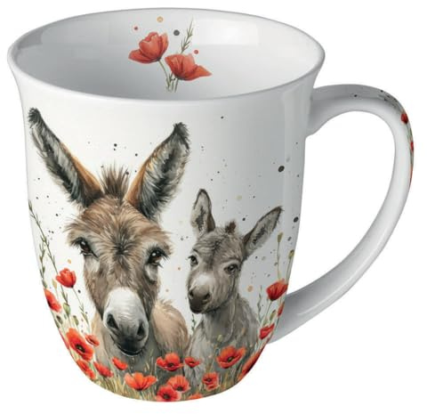 Ambiente Kaffeetasse Henkelbecher Teetasse Jumbotasse XL 0,4 l Fine Bone China Porzellan Esel in Mohnwiese