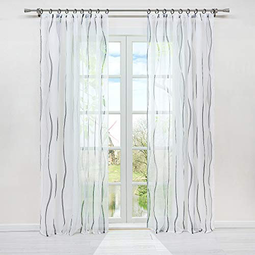 HongYa 1er-Pack Voile Gardine Transparenter Vorhang mit Kräuselband Wellen Druck H/B 145/140 cm Weiß Silber