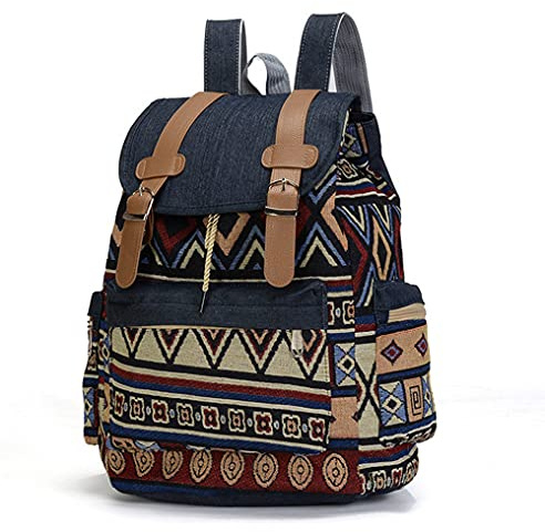 Freessom Sac à Dos Femme Vintage Toile Cuir Fleur Floral Exotique Boheme Ethnique Cordon de Serrage Sac d'École College Fille Ado avec de Délicates d'impression Voyage Randonnée Cadeau