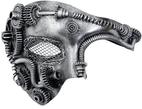 Ubauta Máscara veneciana de malla de Cyborg de metal Steampunk, máscara de mascarada plateada para fiesta de disfraces de Halloween / Phantom Of The Opera / Mardi Gras Ball