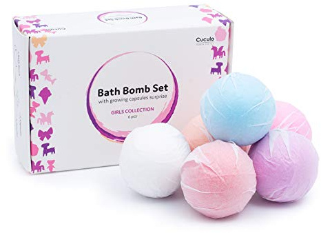 Set mit 6 Badebomben mit magisch wachsenden Kapseln, Mädchen-Kollektion, ERDBEER-Duft, Lustiges Sprudelbad