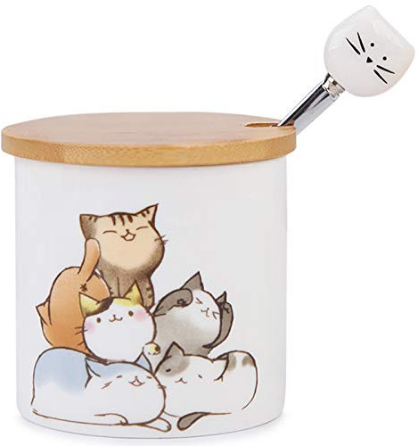 Kitchenexus Small Ceramic Sugar Bowl, Porcelain Sugar Bowl with Wooden Lid and Stainless Steel Spoon 9oz/266ml with Cat Pattern, Suit for Coffee Bar, Home breakfast, Best Gift for Cat Lovers