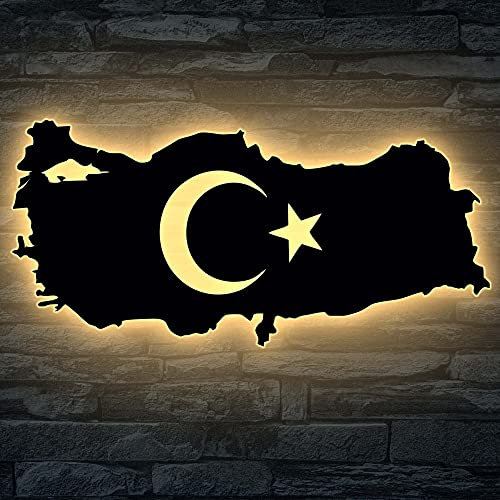 LEON FOLIEN Led Türkei Karte mit türkischem Wappen Emblem Türkiye Schlummerlicht Nachtlicht Deko Stern und Halbmond Turkey Geschenk für Freunde zum Geburtstag aus MDF Holz