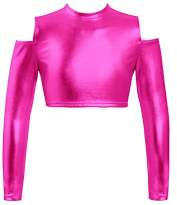 Alvivi Crop Top Manga Larga de Gimnasia Ritmica para Niña Camiseta Corta de Danza Ballet Ropa Deportiva Niña Camiseta Elástico Brillante de Actuaciones Fucsia 10 años