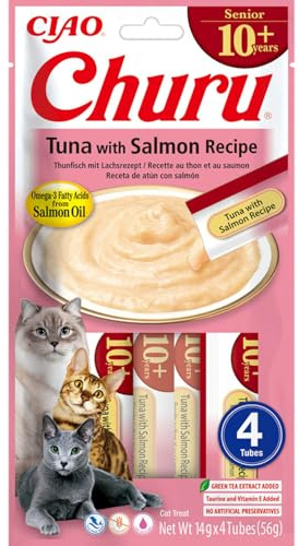 INABA Churu Senior Katzenleckerlis mit 30% Thunfisch, Omega 3 Fettsäuren aus Lachsöl, Taurin, Nur 7 kcal pro Tube Gesunde Katzen Leckerlies, Senior Katzenfutter 56 g (1er Pack)