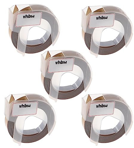 vhbw 5x 3D Prägeband-Schriftband-Kassette kompatibel mit Dymo Mini, Office-Mate II, Omega Etiketten-Drucker 3m x 9mm Weiß auf Gold