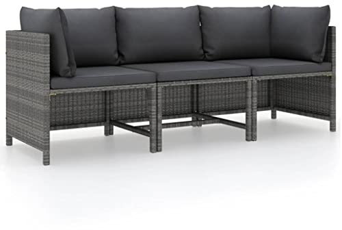 vidaXL 3-Sitzer-Gartensofa mit Kissen Grau Poly Rattan