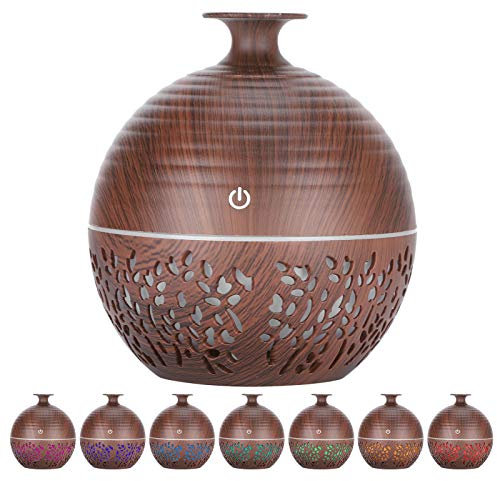 Air Humidifier, 7 Colors Lights Changing Mist Maker USB 130 ml Hollow Out Air Humidifier Desktop LED Vaporizer Wood Grain with Cotton Swab for Home Bedroom Office 35 ml/hour