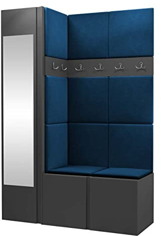 Mirjan24 Garderoben-Set Monati X, Kleiderschrank mit Spiegel, Schuhschrank + 2X Kleiderhakenbrett Gepolstertes Paneel/Wandpaneel, 6 Doppelhaken Flurgarderobe, Wandgarderobe (Graphit, Manila 26)