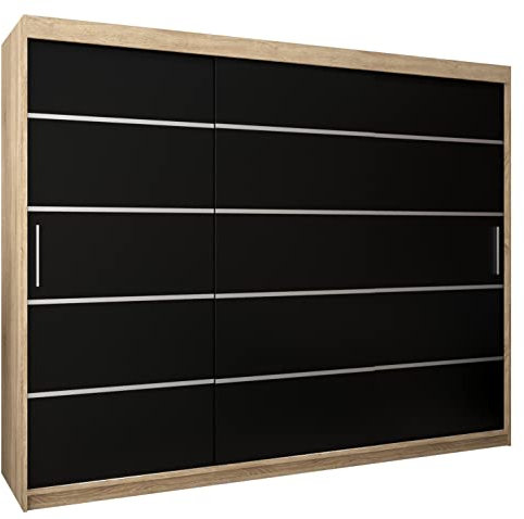 MEBLE KRYSPOL Schwebetürenschrank Verona 1 250 cm Kleiderschrank mit Kleiderstange und Einlegeboden Schlafzimmer- Wohnzimmerschrank Schiebetüren Modern Design (Schubladen: 0, Sonoma + Schwarz)