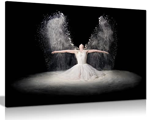 Panther Print Fine Art Prints Ballerina in White Dress Powder Angel Wings Artistic Framed Canvas Print, Pictures for Home Walls, Bedroom, Living Room & Bathroom Decor 46x31cm (18x12in)