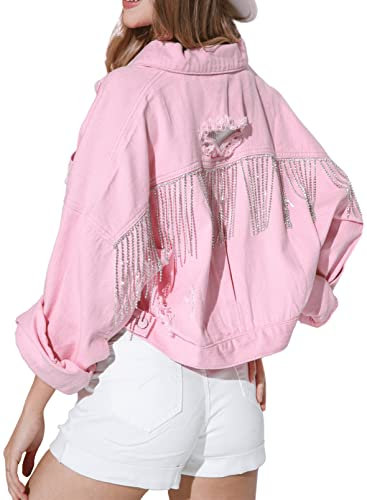 Joiemont Veste en jean pour femme avec franges et strass, manches longues, veste en jean déchirée avec poches, rose clair, Large