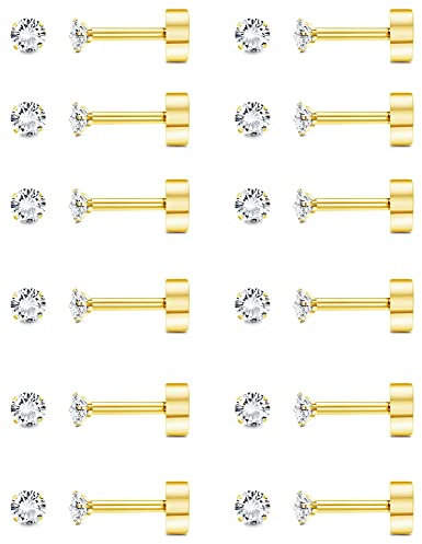 Morfetto 12 Pairs 14K Flat Back Earrings 20G Cartilage Earring Stud Tiny 2MM Flat Back Stud Earrings Gold