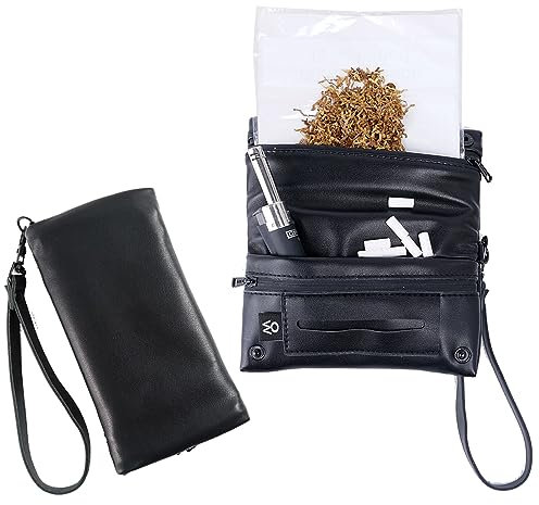 Pitillera tabaco de liar hombre tabaquera de cigarillos de PU material hidrófugo forro impermeable con asa de mano (Negro)
