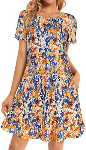 elescat Robe d'été pour femme, robe d'été, t-shirt de plage, manches courtes, fluide avec poches, couverture (peinture à l'huile orange, taille L), Peinture à l'huile orange, Taille L