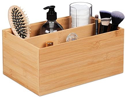 Relaxdays Aufbewahrungsbox Bambus, stapelbar, Bambuskiste mit 2 Fächern, stabil, HBT: 14 x 30 x 20 cm, Stapelbox, natur