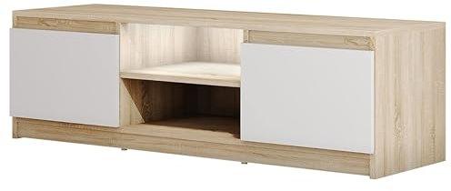 MINIO go for it - TV-Schrank Dingo I Lowboard für Fernseher I TV-Kommode I TV lowboard stehend I 120cm I mit 2 Klapptüren & 2 offenen Fächern I TV Möbel I Sonoma-Eiche und Weiß - Lowboard mit LED