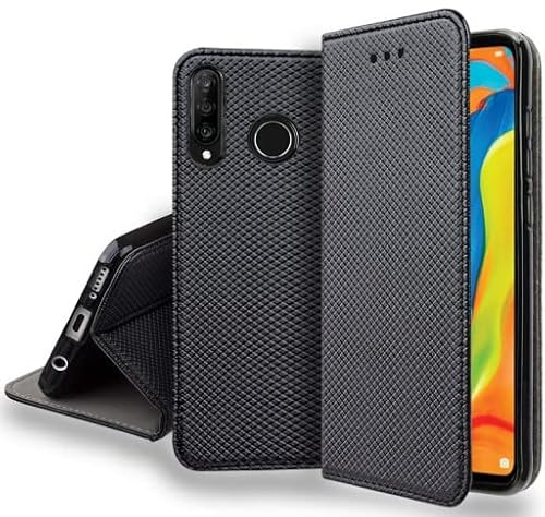 LFstore-IT Custodia a Libro Smart Magnet compatibile con HUAWEI P30 LITE- Cover Libretto Nero chiusura magnetica con porta carte