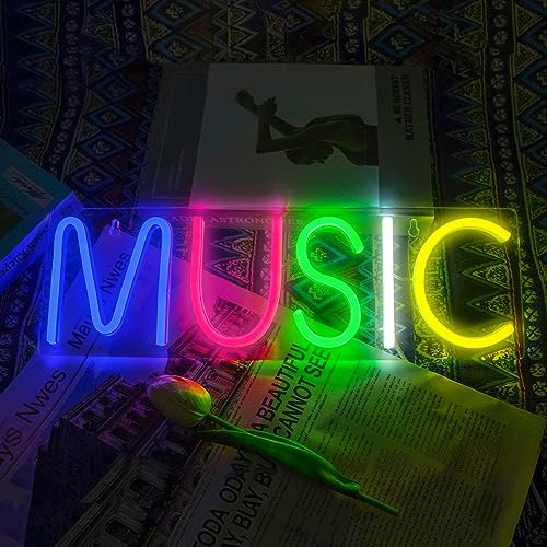 Aslanka Music Neon Sign, LED Neon Light Sign USB Powered Decorative Bar Open Sign for Home Bar Store Party Decor, Includes Business Hours Sign