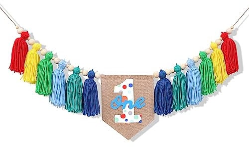 Rainbow 1st High chair Banner - Colorful Tassel Highchair Banner,1st Birthday Boyr,Cake Smash Backdrop Banner,Birthday Highchair Yarn Tassel Banner,Colorful Tassel Banner With Wooden Beads