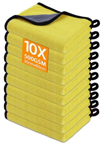Gucass 10 PCS Chiffon Microfibre Voiture, 500 GSM Chiffons de Polissage en Microfibre, Super Absorbant Chiffon de Nettoyage en Microfibres, pour Voitures et Motos, Nettoyage Domestique, 30x60cm, Jaune