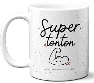 DECOHO - Mug Super Tonton - Mug céramique blanc - Cadeau humoristique anniversaire Noël - 33 cl, imprimé en France - Blanc