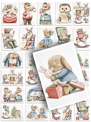 Weihnachtskarten 24 Stück Postkarten Tiere Boho Deko Design Illustration schöne süße Weihnachtspostkarten Weihnachten Xmas Set Mix Geschenk Grußkarten Geschenkkarten Tierisch Niedlich Maus Hase Bär