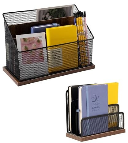 ASIFMTHOT Vertikale Aktenaufbewahrung mit 3 Ebenen, Retro-Schreibtisch-Organizer aus Holz und Metallgeflecht, Schreibtisch-Organizer für Heimbüro