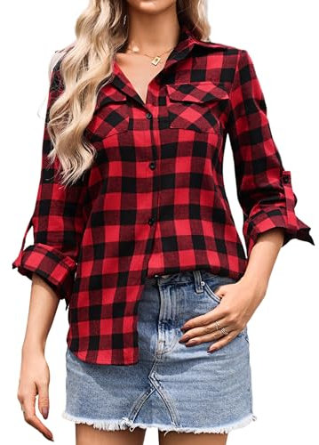 Aottori Chemisier à Carreaux Femme Coton Chemise Flanelle Chic avec Bouton Classique Blouse Bucheron Western Décontractée Retro Ecossaise Casual Vintage Blouse Rouge XXL