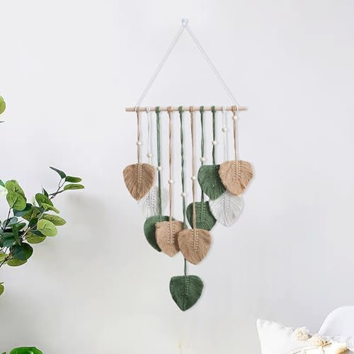 Makramee Wandbehang Handgemachte Boho Wanddeko Wandteppich,Gewebte Makramee Wandteppich mit Holzperlen und Blätter für Wohnzimmer, Schlafzimmer, Hochzeit, Urlaubsdekorationf(Braun)