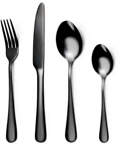 Knife and Fork Sets,Black Cutlery Set for 6 People,24 Piece Stainless Steel Flatware Set,Cutlery Set with Spoon Knife and Fork,Mixed Cutlery Sets,Dishwasher Safe,Easy Clean,Mirror Polished