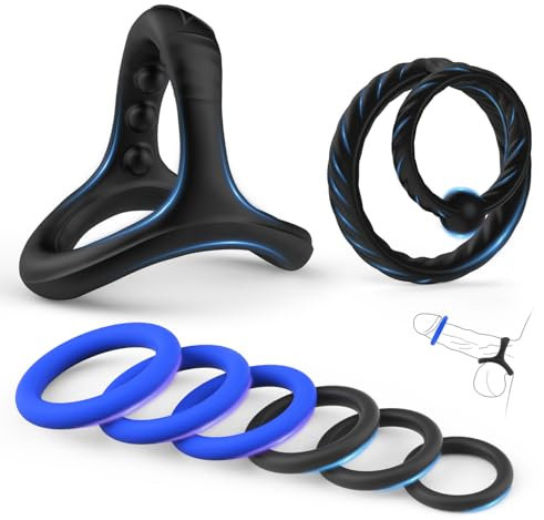Anneaux de Pénis Triangle pour Homme Couples, Sex Toys Double Anneau Penien - Anneau Homme, Set de 8 Anneaux Péniens Sex Toýs Homme, Jouets Sexuels pour Améliorer les Performances Sexuelles (Bleu)