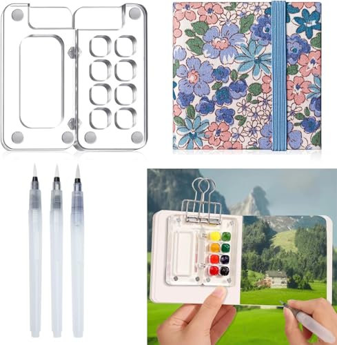 Lot de 8 carnets de croquis portables - Mini palette de peinture de voyage magnétique transparente pour aquarelle, gouache, peinture acrylique, journal en papier aquarelle, stylos pinceaux aquarelle