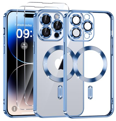 Phoona Cover Placcatura per iPhone 14 Pro 6,1 Pollici, Obiettivo per Fotocamera Protezione Completa e 2 × vetro temperato, Compatibile con MagSafe Ricarica Wireless, Protezione Militare, Blu