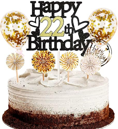 Dalettu Tortendeko 22. Geburtstag Mann Frau, Schwarz Cake Topper Deko 22 Geburtstag Frauen, Kuchen Topper Happy Birthday Ballon Konfetti Papierfächer für Geburtstagstorte Deko 22 Jahre Frauen Männer
