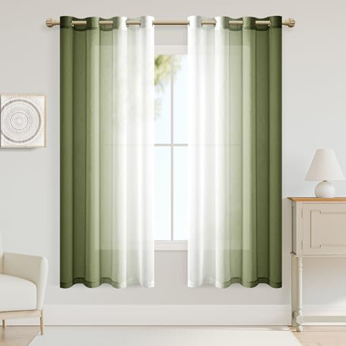 XWZO Gardinen mit Ösen Vorhänge Transparent Farbverlauf Voile Gardinen, Ombre Vorhang für Schlafzimmer und Wohnzimmer 160cm x 140cm(H x B) Armeegrün