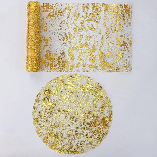 Tischläufer Gold und Tischset Set,28cm x 2.75m Tischläufer Glänzend, 12 Stück Runde Tischsets Gold, Wiederverwendbar, Tischdeko, Tischband für Weihnachten, Hochzeit, Geburtstag, Party