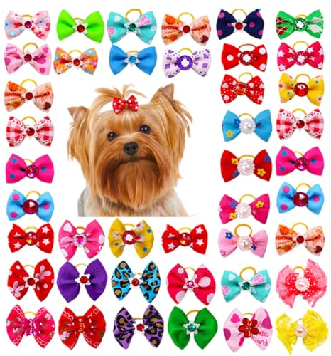 OUDQFCJ 40 piezas lazos para perros con gomas elásticas, lazo de pelo de perro, accesorios para perros, para el pelo bonitos, accesorios para el aseo diario de las mascotas durante las vacaciones