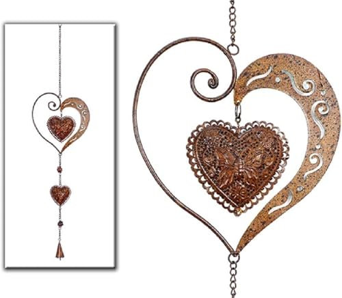 Geschenk-Himmel Deko-Hänger Herz – Rostoptik – Metall-Herzhänger mit Glaskugel & Glöckchen – Vintage Gartendeko zum Aufhängen – Hängedeko für Haus & Garten – 67x18 cm
