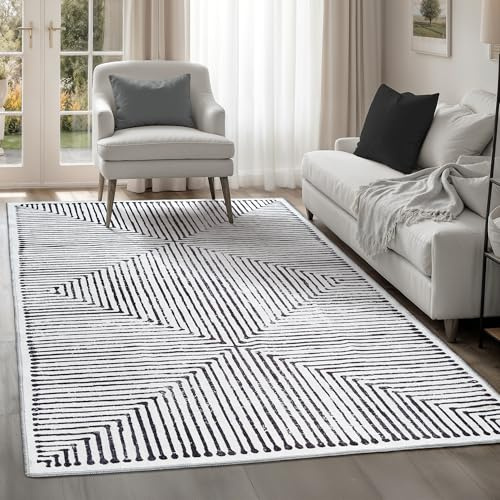 artyrugs Machine Washable Rug, 240x330cm, 75% Recycled Cotton, Short Pile, Non-Slip Backing, Non-Shedding, Suitable for Bedroom, Kitchen, Hallway, Office, Large, Grey & Black Inkflow