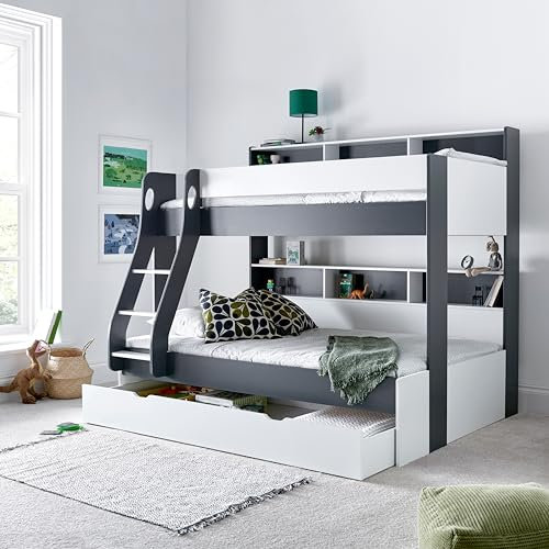 Oliver Triple Sleeper Storage Bunk Bed Without Drawer Multiple Colours Single Bunk And Small Double Bunk (Grey and White)