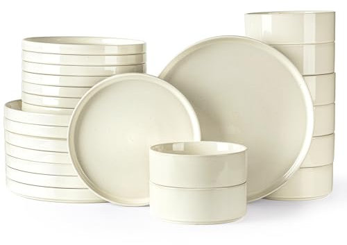 GBHOME Dinnerware Set for 8, 24 Piece Speckled Plates and Bowls Set with Glazed Bottom, Chip and Scratch Resistant Stoneware Plates Sets, Dishwasher & Microwave Safe Dishes, Light Beige