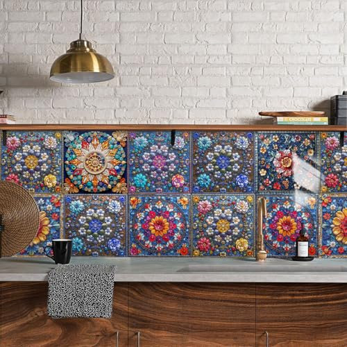 Mosaikfliesen Bunte Blumen Mandala Selbstklebende Fliesen Küche PVC Fliesensticker Wasserdicht Klebefliesen Selbstklebend Fliesenaufkleber Boden Ölfest Tile Sticker Fliesen zum Kleben 15x15cm/10 Pcs