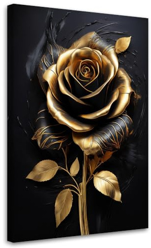 Feeby Wandbilder - Bilder Schlafzimmer - Rose Flower Gold Black Glamour - 60x90 1tlg - Wohnzimmer Bild Groß - Wohnungs - Foto Geschenk - Leinwand Wall Art - Wand Deko